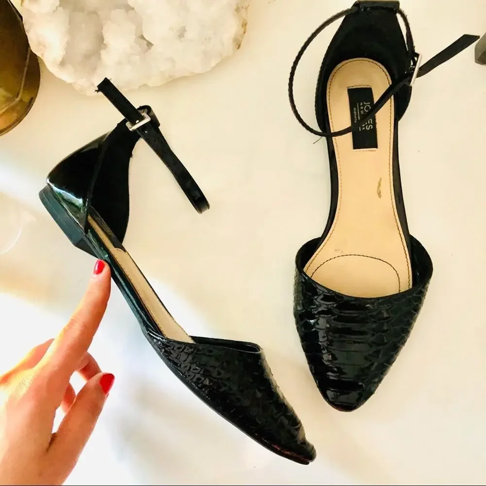 JONES NY Black Patent Leather Ankle Strap Round Toe Flats Shoes Classic Prep 8.5